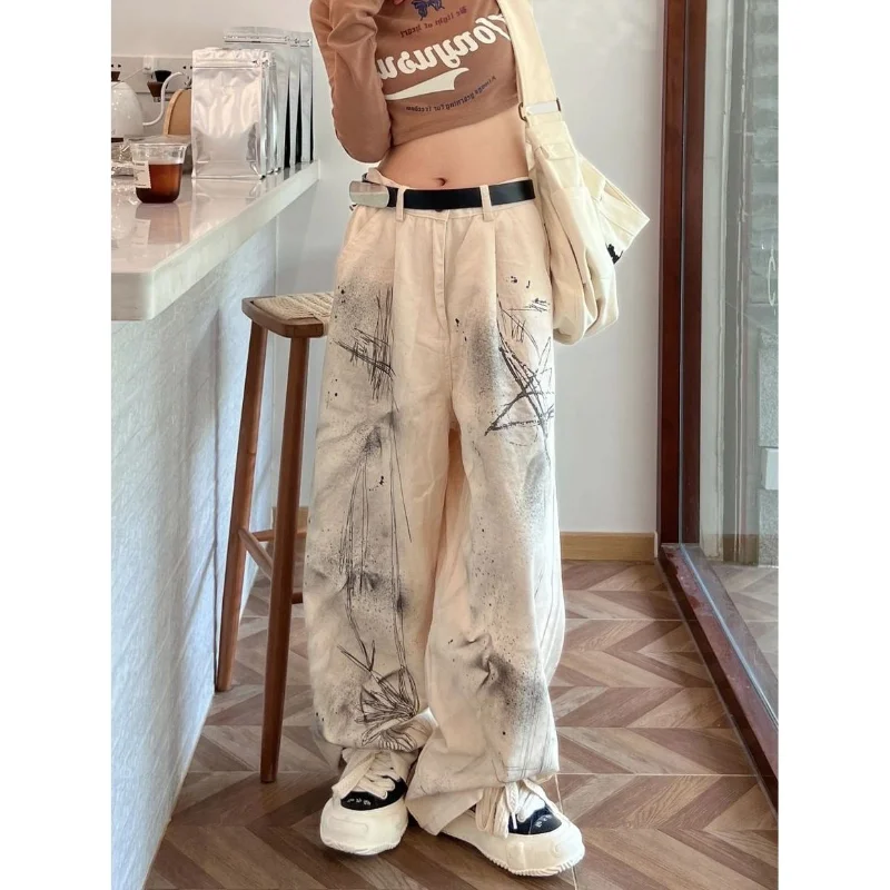 Plus-size 200 Catty New Loose Jeans Women Spring Autumn Fashion Splash Ink Denim Baggy Trousers High-waist Slacks Straight Pants