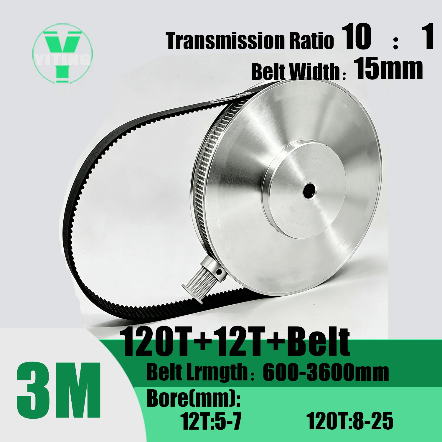 HTD3M 12T 120Teeth Timing Pulley Belt Set Belt Width 15mm Bore 5~25mm Reduction10:1 Deceleration 3M Pulley Kit Synchronous Wheel
