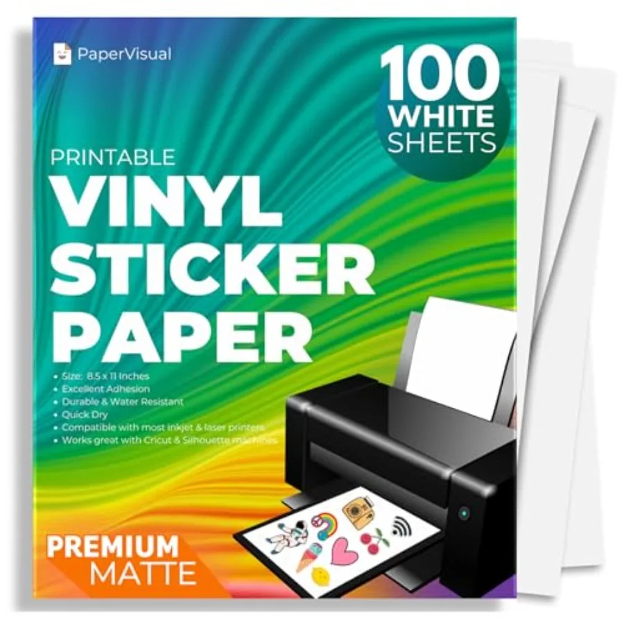 

Premium Printable Vinyl Sticker Paper for Inkjet and Laser Printer - 100 White Matte Sticker Paper Waterproof - Excellent Adhes
