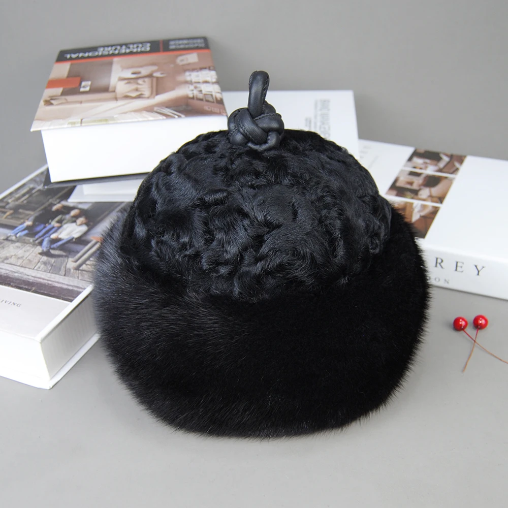 2024 Hot Sale Luxury Unisex Real Genuine Mink With Wool Hat Winter  Unisex Fashion Warm Caps Whole Piece Mink Sheep Fur Hats