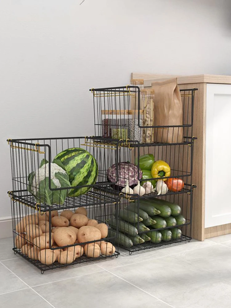 

Кухонная штабелируемая металлическая проволочная корзина, тележка для хранения фруктов и овощей, напольный железный художественный органайзер для приправ, держатель, стойка