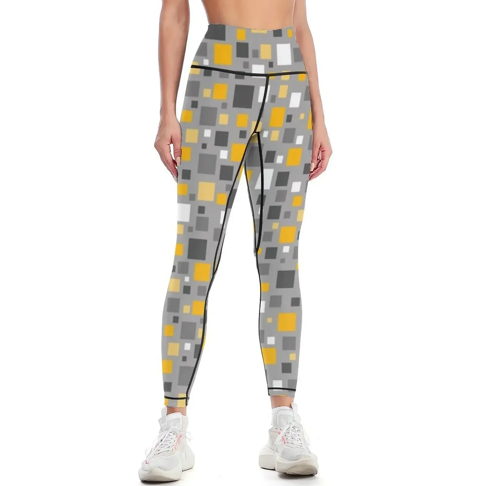 

Mustard Yellow and Grey Squares Pixel Polka Dot Leggings Clothing fitness gym clothing Women's sportswear Womens Leggings