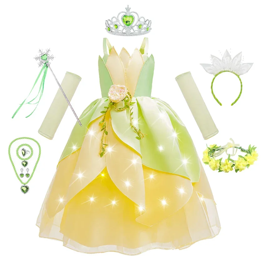 

Tiana Princess Girls LED Light Up Dress Cosplay Party Halloween Elves Costume Party Infant Green Shoulderless Ball Gown