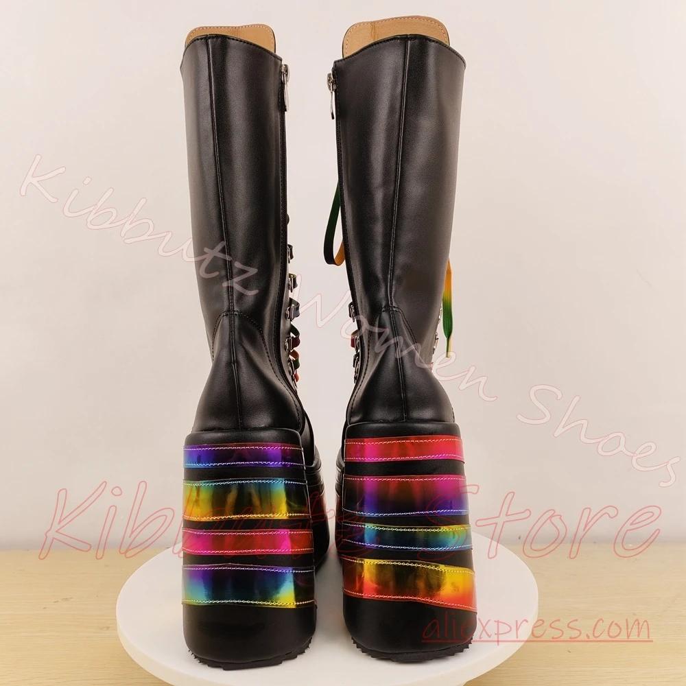 Alt Wedge Platform Ankle Boot Women Multi Layer Sole Rainbow Lace Up Metal Round Toe Punk Pride Footwear Leather Mixed Color New