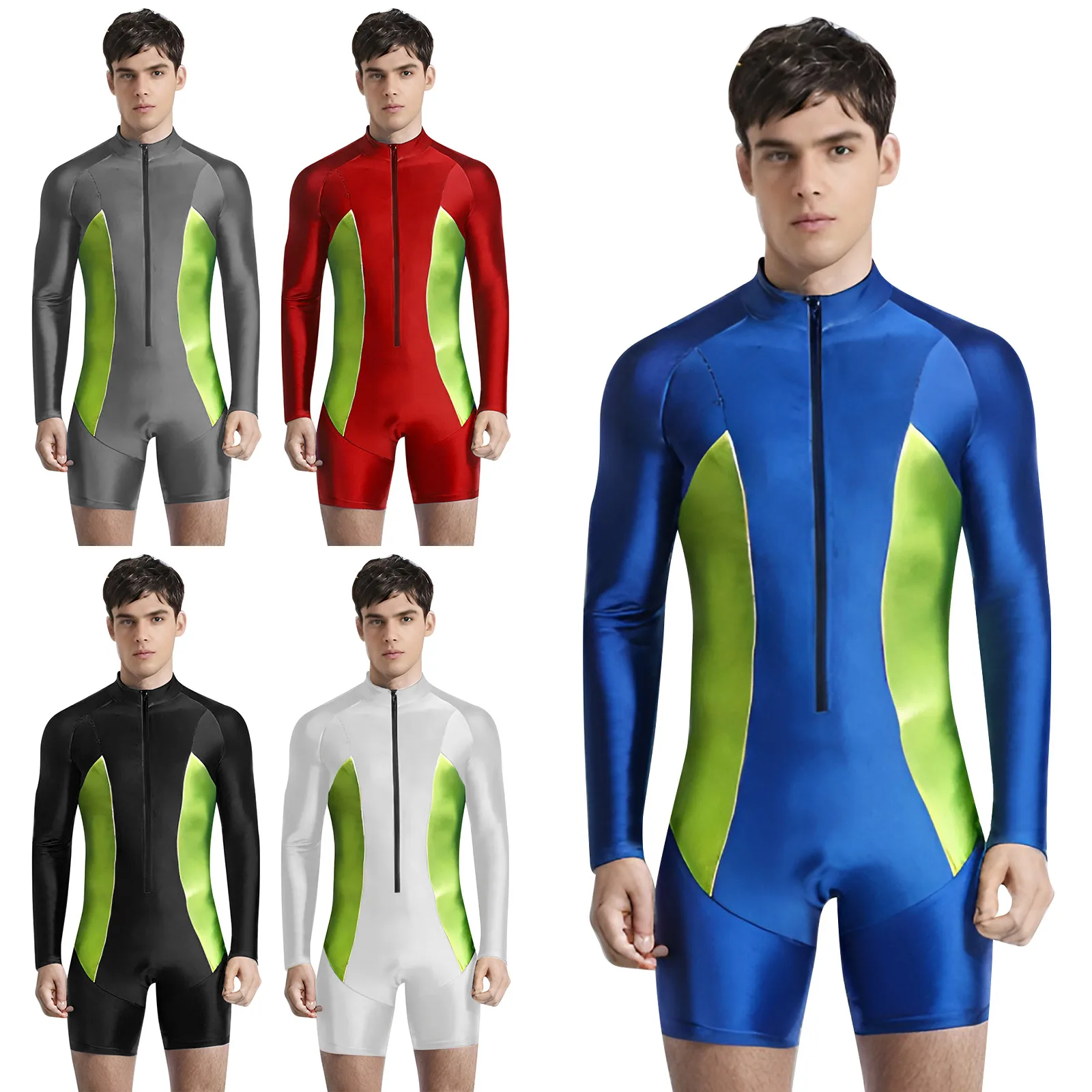 남성용 세련된 다이빙 카약 의류 Shorty Wetsuit 긴 소매 컬러 블록 바디 슈트 수영 스노클링 서핑 용 수영복