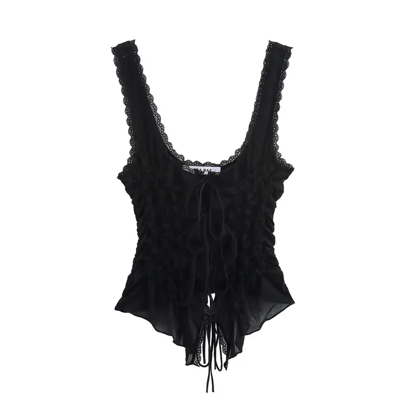 

Summer Women's Bow Pleated Sleeveless Top with Suspenders Cute Girly Style Fashionable Short Top for Ladies 2025 Trendy