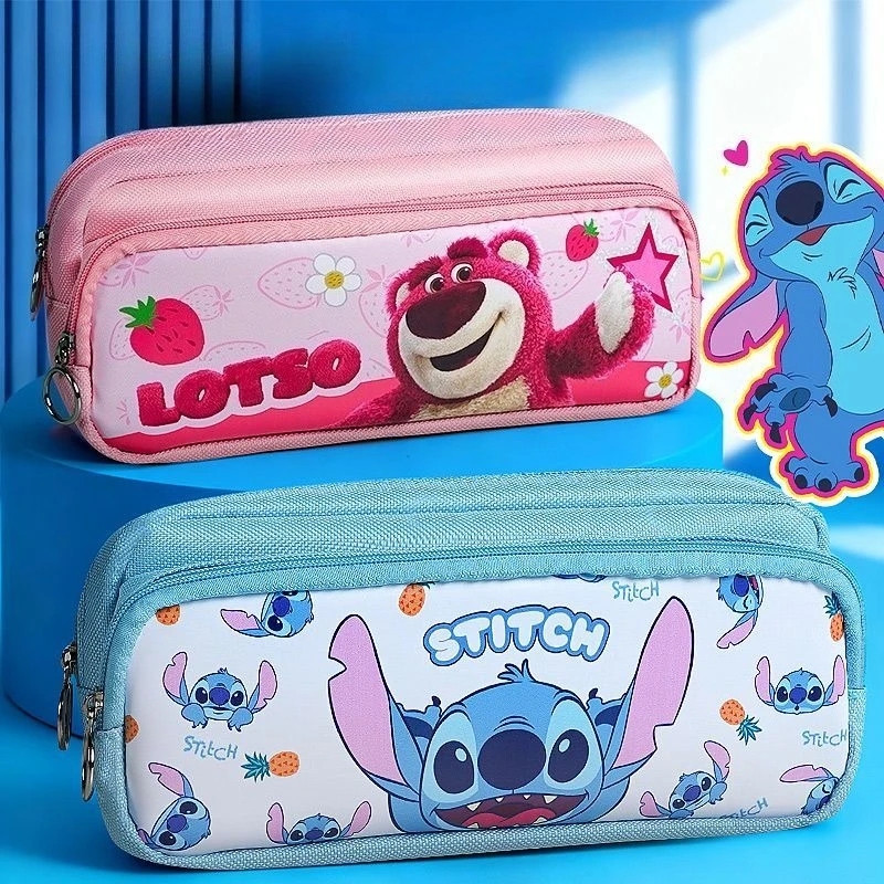 

Disney Stitch Canvas Pencil Case Double-layer Toy Story Lotso Zipper Pen Holder Multi Function Pen Bag School Stationery Student