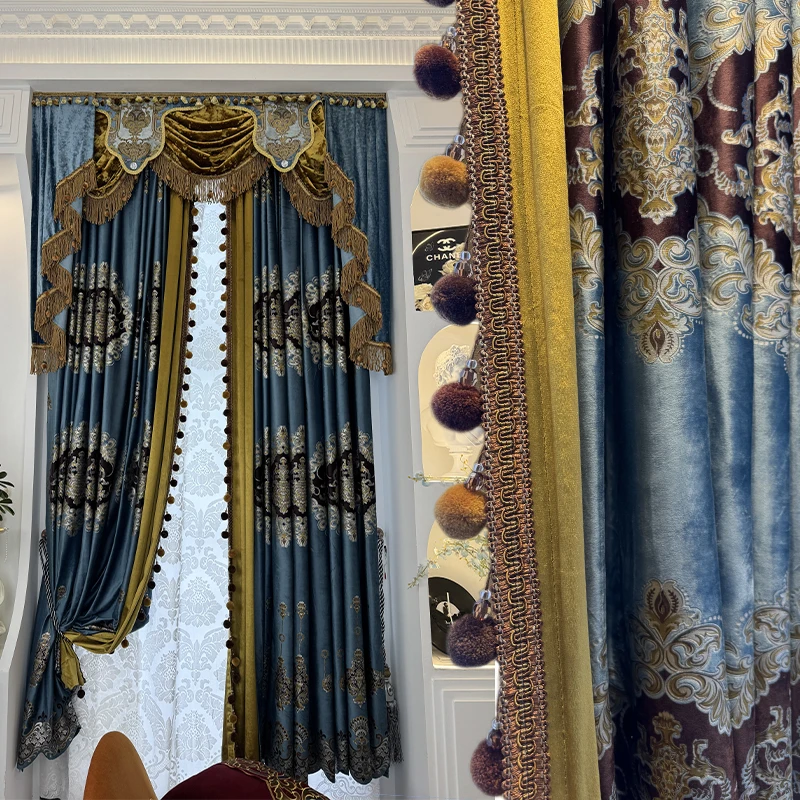 luxury European thick Velvet retro window room blue yellow lace embroidered cloth blackout curtain tulle valance drape M1792