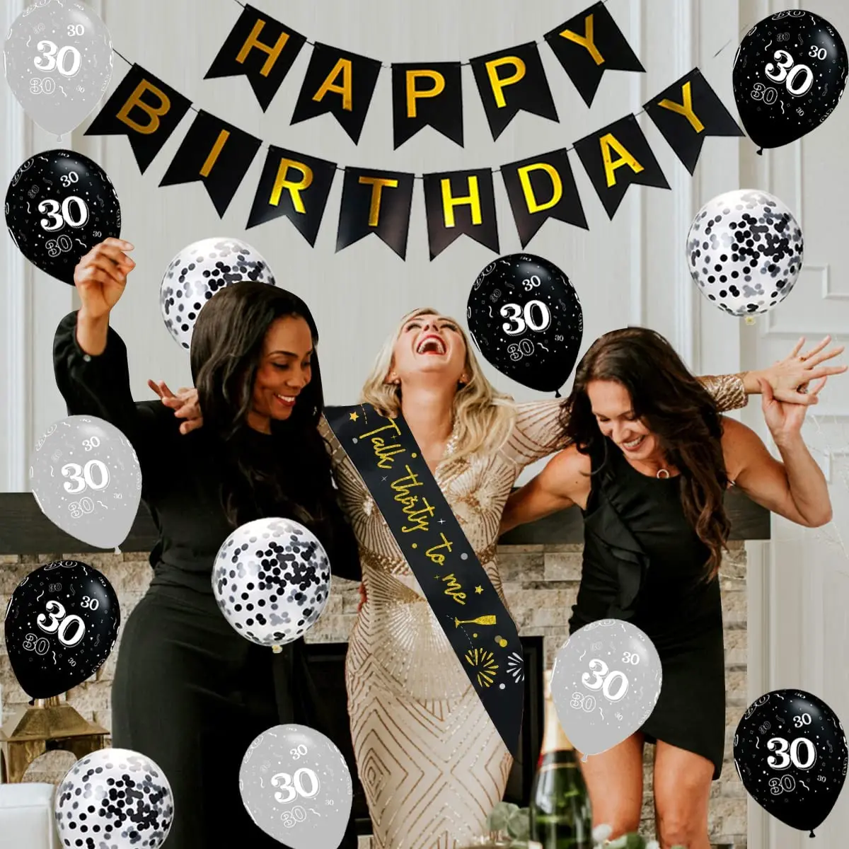 Funmemoir Black Silver 30th Birthday Party Decorations So Happy IM Thirty Balloons Banner Cake Topper Talk Thirty To Me Sash Kit