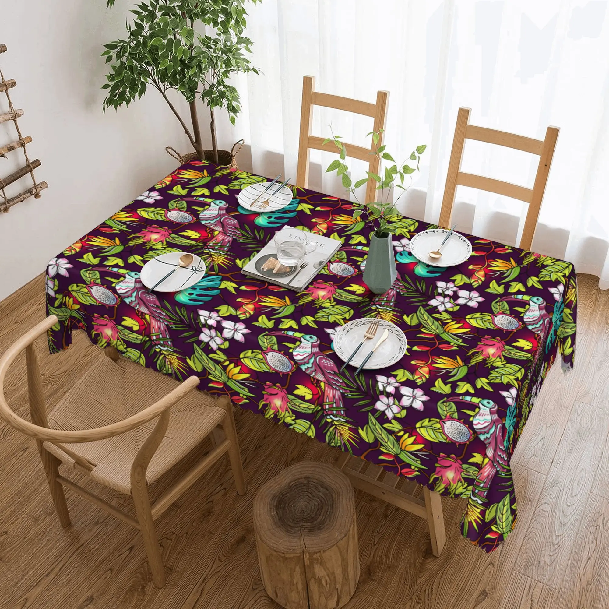 Nappe rectangulaire à fleurs botaniques tropicales de style hawaïen, nappe anti-huile, couverture de table à feuilles de palmier Monstera