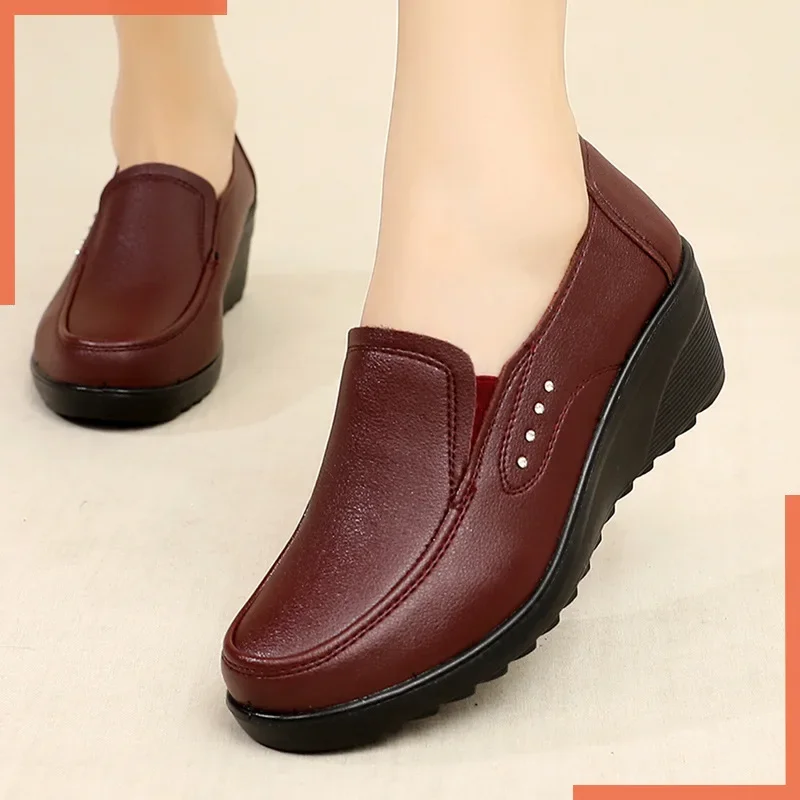 Spring Autumn Women's Fashion Pumps Shoes Woman Genuine Leather Wedge Single Casual Shoes Mother High Heels Shoes