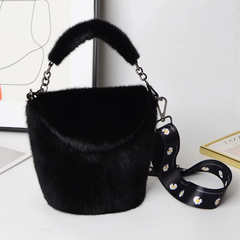 Mink Fur Bags For Women Winter Ladies Handbags Real Fur Single Shoulder Bags Female Fluffy Fur Bucket Bag Evening Party Clutch