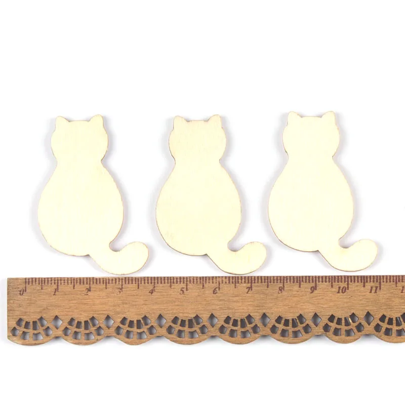 50 pz a forma di gatto pezzi di legno naturale Scrapbooking abbellimenti decorazioni per la casa legno artigianato fai da te regali 33 x5