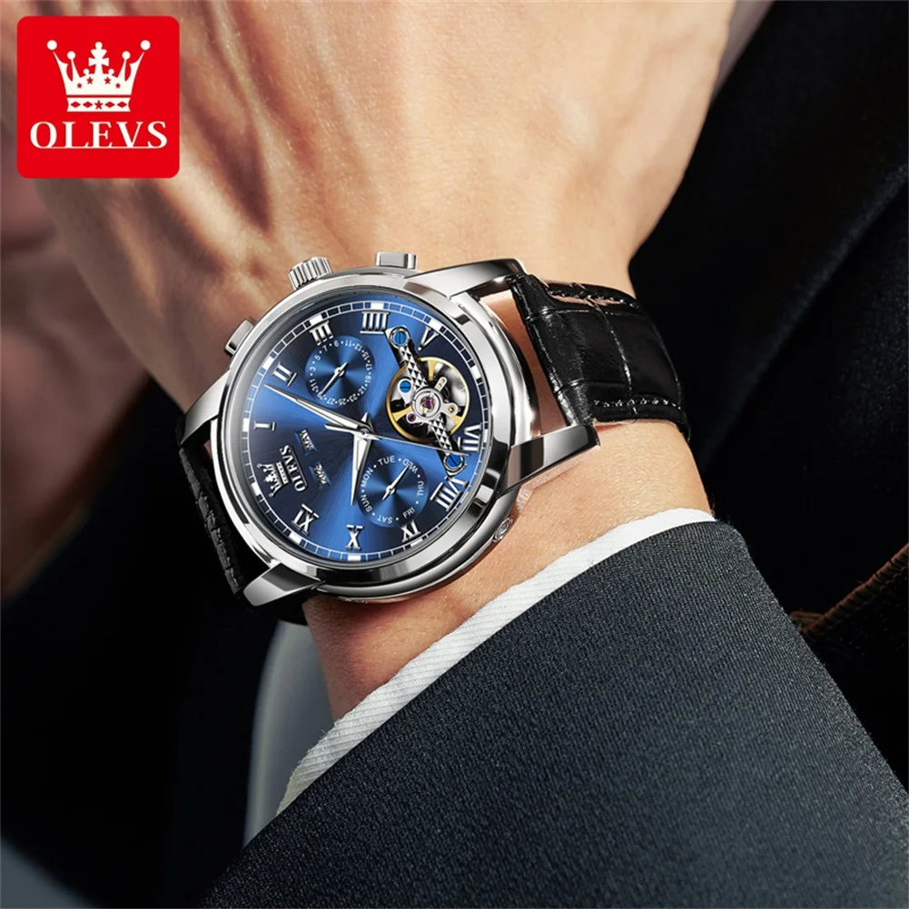 ساعة OLEVS 6607 من أفضل العلامات التجارية الميكانيكية للرجال بحزام جلدي أصلي مقاوم للماء وتقويم مجوف مضيء ساعة أوتوماتيكية للرجال #3