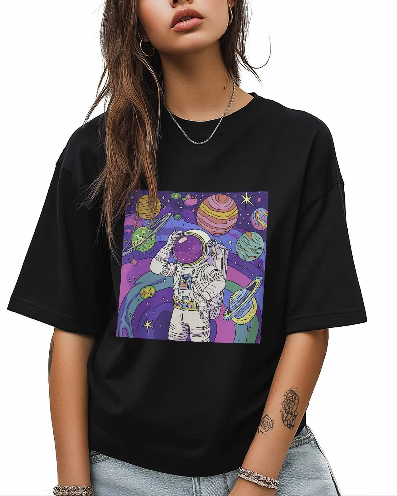 Cartoon Style Graffiti Astronaut T-Shirt Lover Gift Sweatshirt Fitness T-shirt Short Sleeve O-neck Clothing Tops