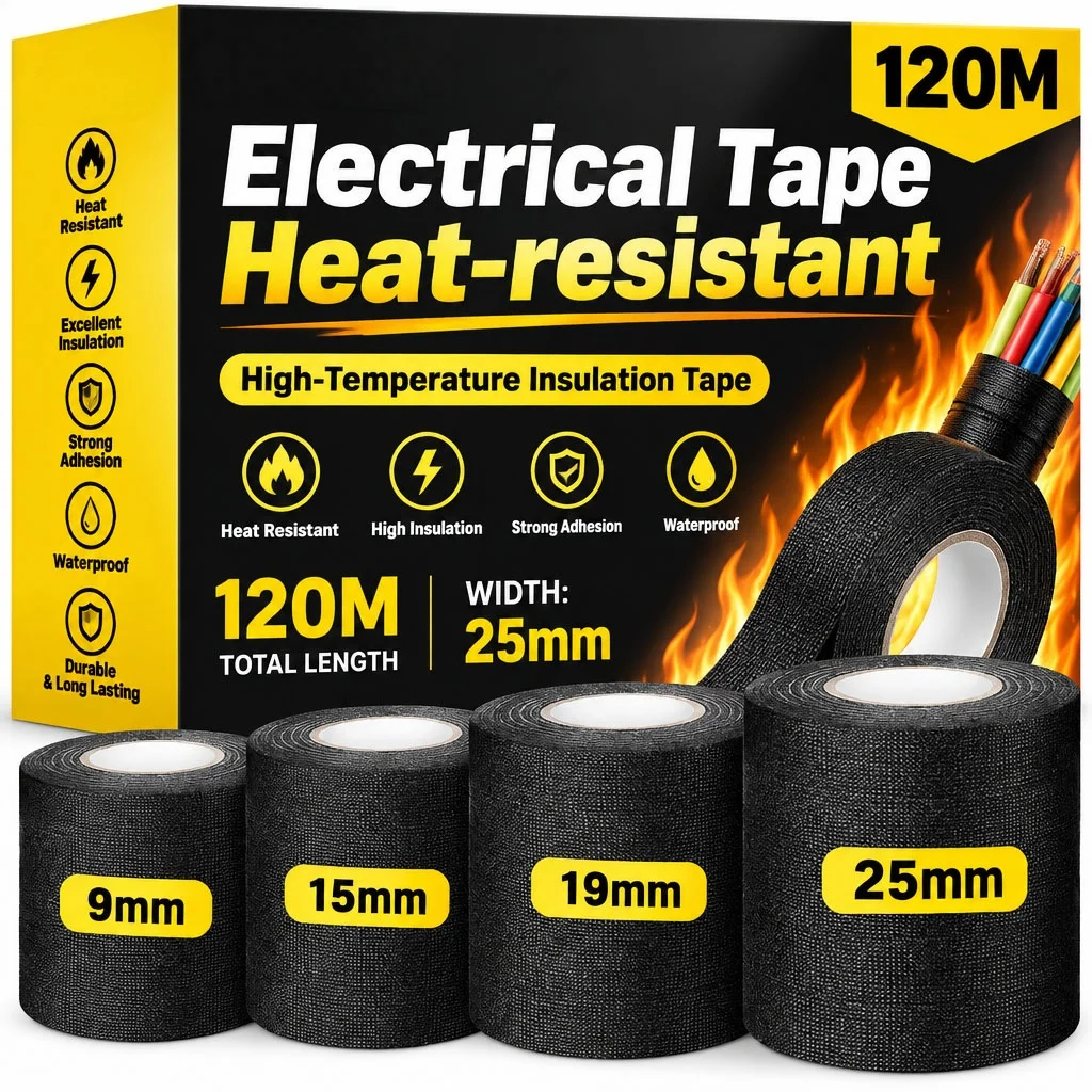 120M Heat-resistant Flame Retardant Tape Adhesive Cloth Tape For Car Cable Harness Wiring Loom Protection Width 9/19/25MM