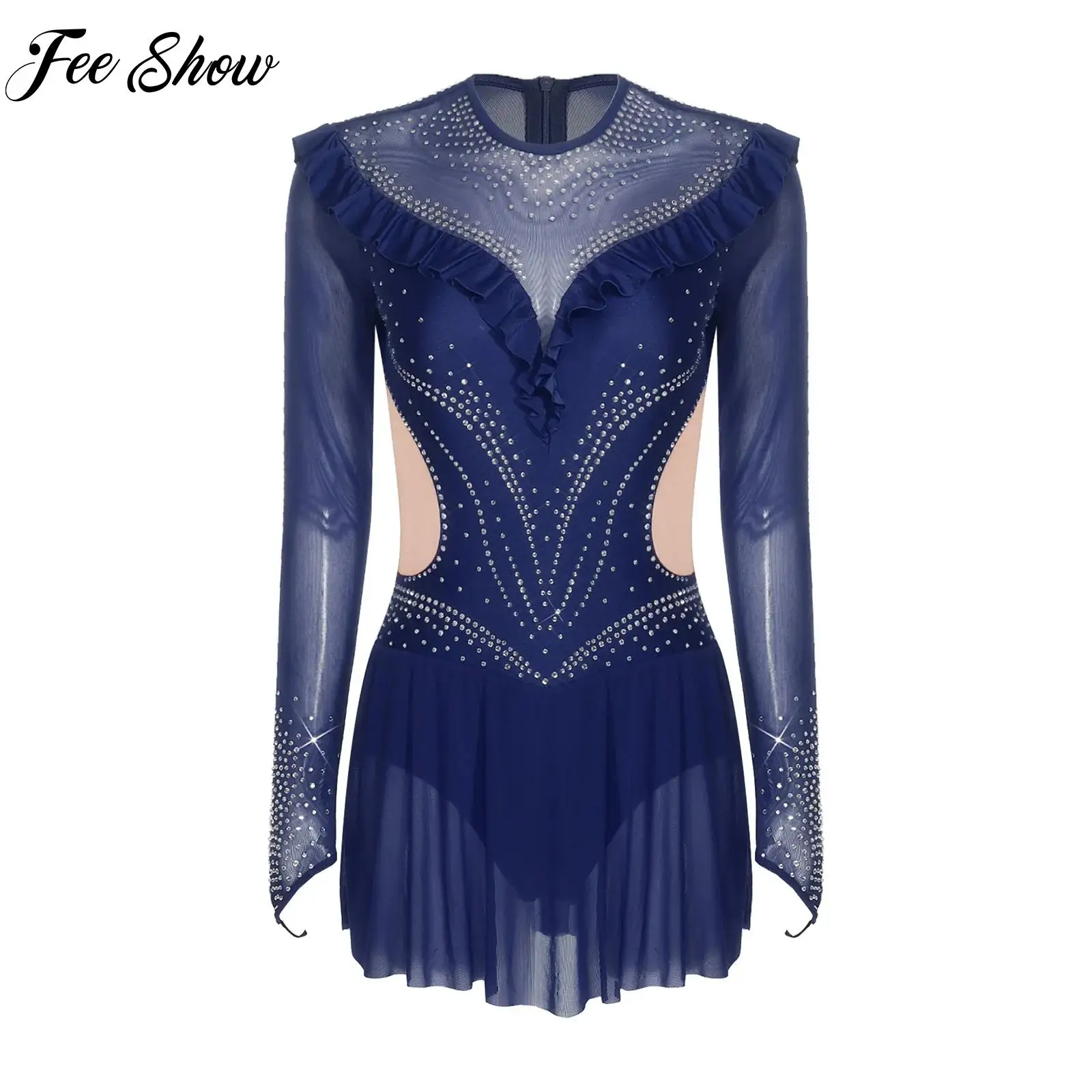 Womens Ballet Latin Lyrical Dance Leotard Dress Gymnastics Figure Skating Costume Rhinestone Mesh Ruffled Trims Leotard Jumpsuit