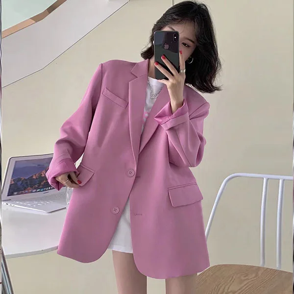 Blazer lengan panjang dua kancing, pakaian luar jaket kasual longgar lengan panjang, warna polos musim gugur dan dingin