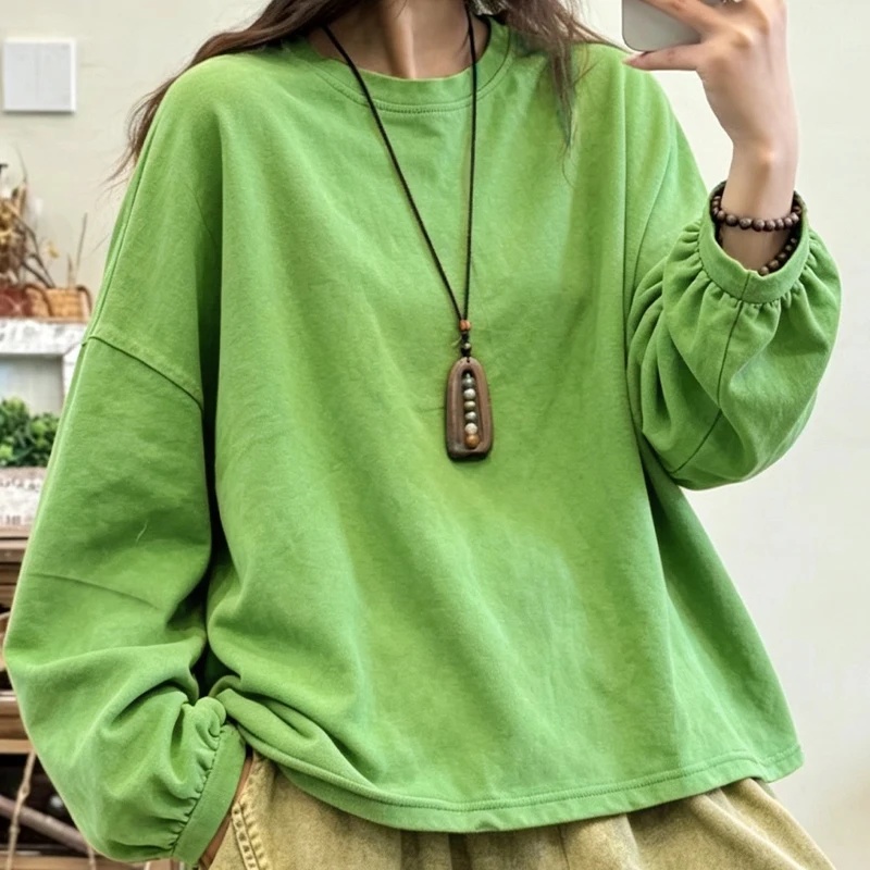 Masss Wasss 2026 Fall Ladies Fashion Solid Tee Shirts Womens Vintage Leisure O Neck Tops Korean Cotton Fashion Classic Clothes