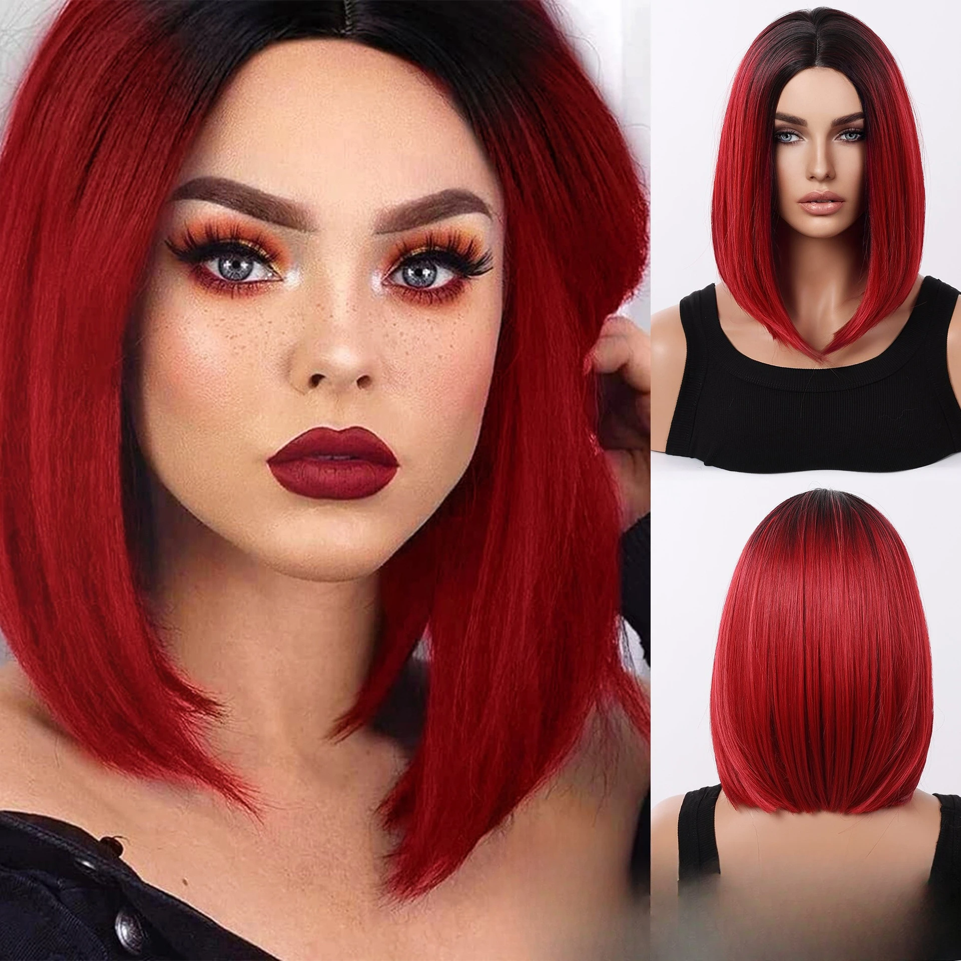 

Dyed medium bobo wig female short straight hair black gradual change burgundy Bobo head