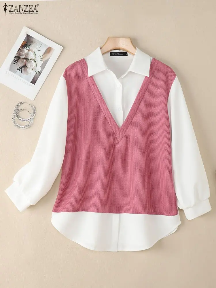 2025 ZANZEA Autumn Elegant Lapel Neck Long Sleeve Office Shirt Blouses Women Patchwork Tops Stylish Fake 2 Pieces Pullover Mujer