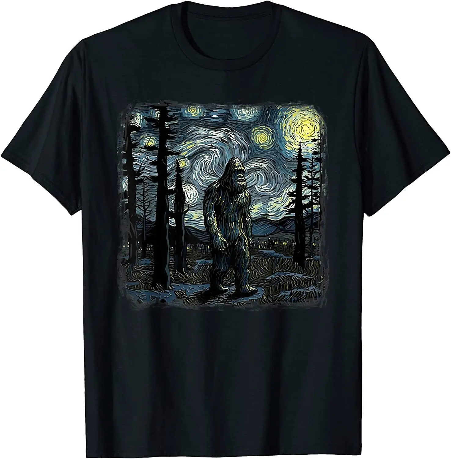 Camiseta de arte de pintura de cielo de Van Gogh de la noche estrellada de Bigfoot, Sasquatch, nueva limitada