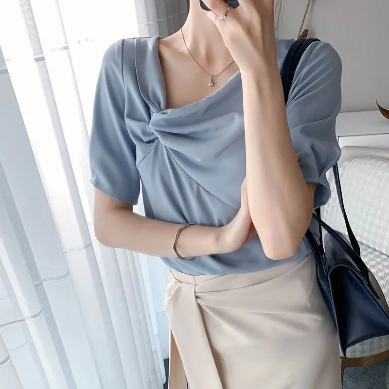 All-match Youth White Pleated Shirt Tops Summer New Trend Short Sleeve Solid Color Elegant Blouse Fashion Korean Women Clothing