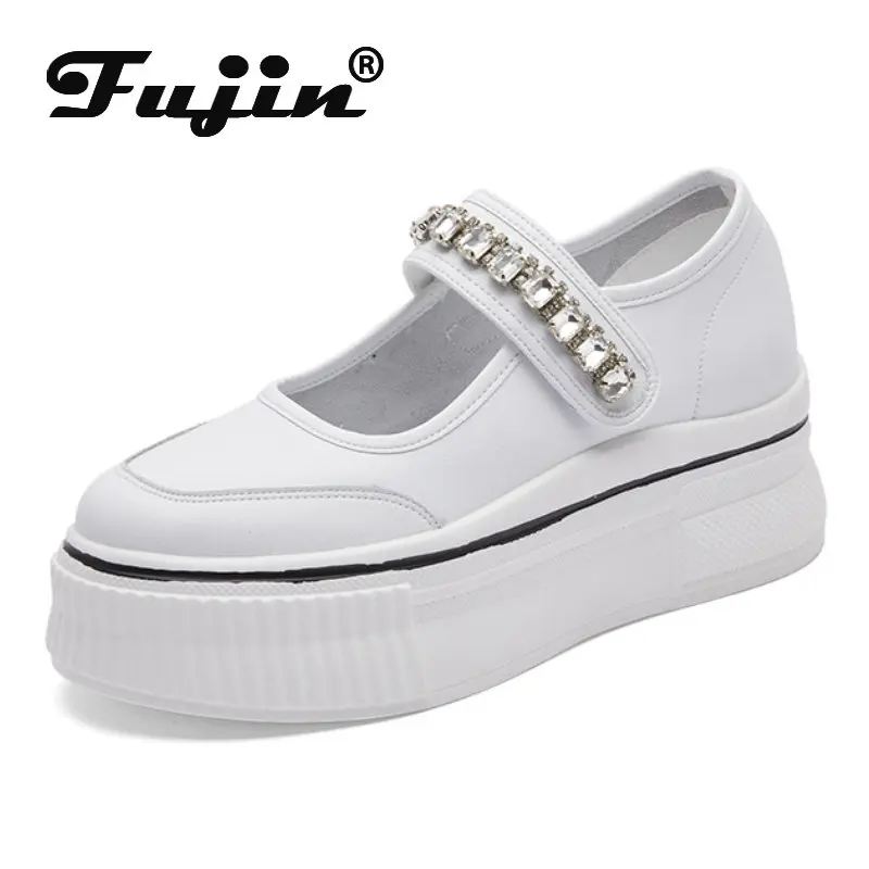 

Fujin 8cm Glitter Platform Pumps Women Summer Shoes Wedge Sandals Hook Shoes Sneakers Slip on Rhinestone 2024 Genuine Leather