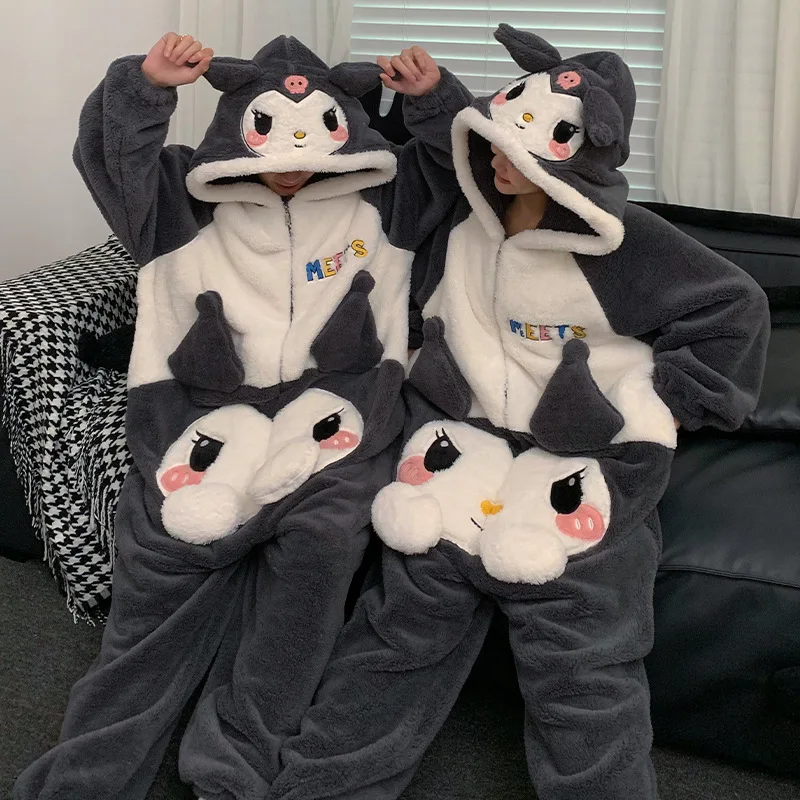 Cute Cartoon Sanrio Kuromi Cinnamoroll Conjoined Couple Pajamas For Men And Women In Winter Plush Home Clothing