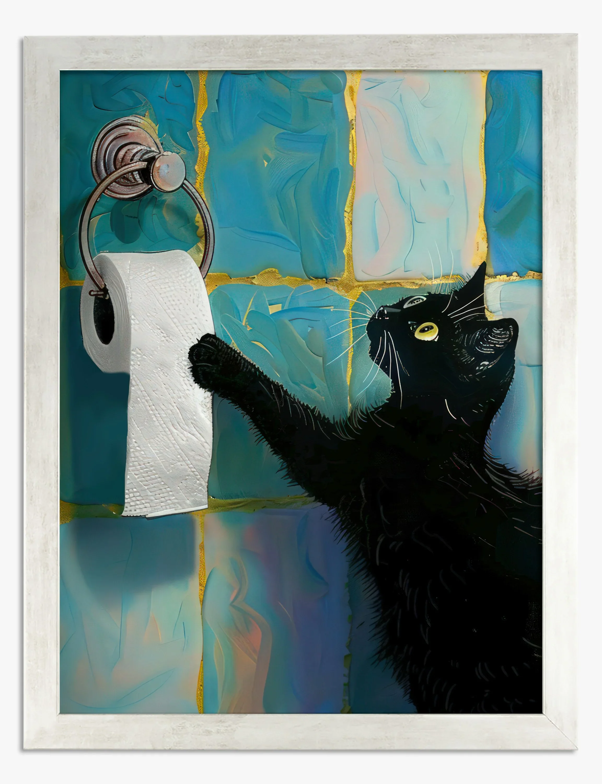 Verspielte Badezimmer-Wanddekoration mit Katzenmotiv – Realistische Illustration einer schelmischen schwarzen Katze, die auf einer weißen Toilette sitzt und sich ausrollt.