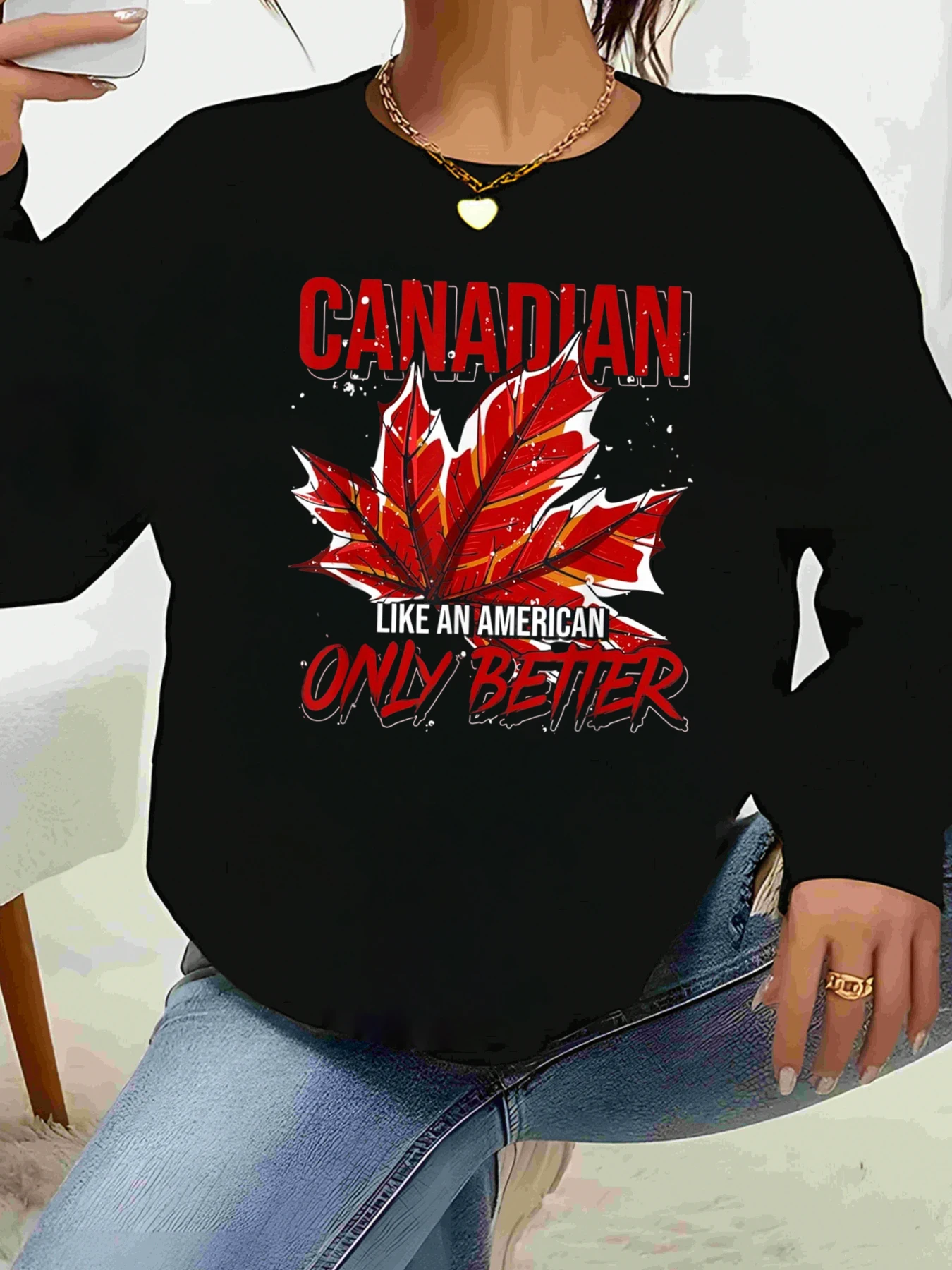 เสื้อยืดแขนยาวพิมพ์ลายใบเมเปิลของแคนาดา ชุดลำลองสำหรับผู้หญิงในวันแคนาดา