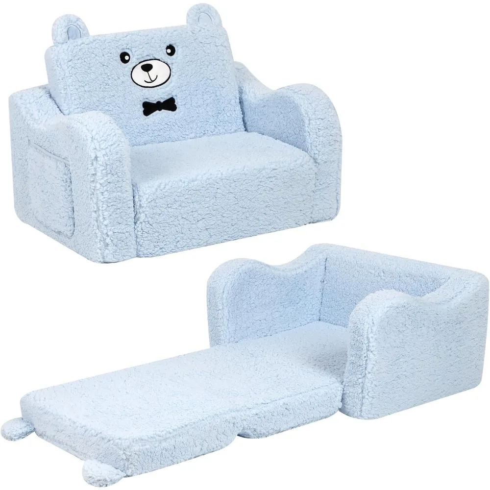 

Kids Chairs for Toddler, 2-in-1 Toddler Soft Sherpa Couch Fold Out, Convertible Sofa to Lounger for Girls and Boys, Teddy Bear