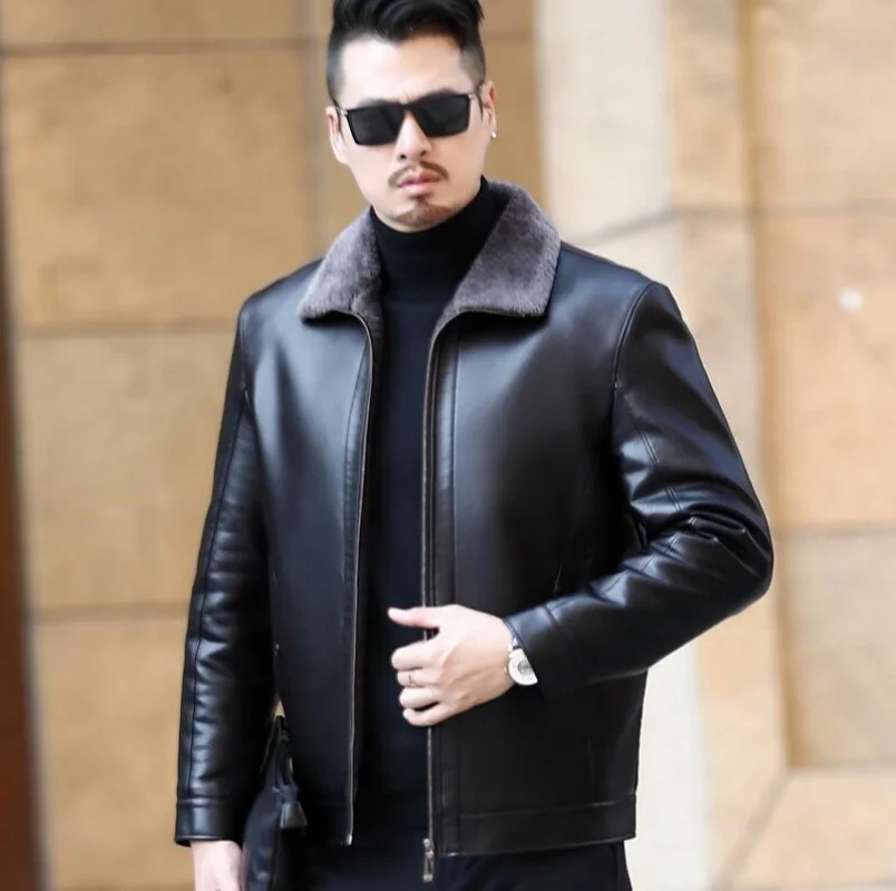 Genuine Leather Jacket Men Fur Integrated Jacket Winter Warm Sheepskin Coat Plush Thickened Standing Collar Leather Jacket Man