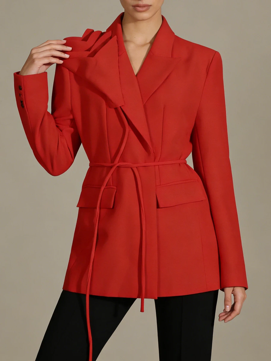 VGH Women's Elegant Fashion Events Red Blazer with 3D Shoulder Detail Notched Collar Drawstring Waist Blazers for Luxury Dinners