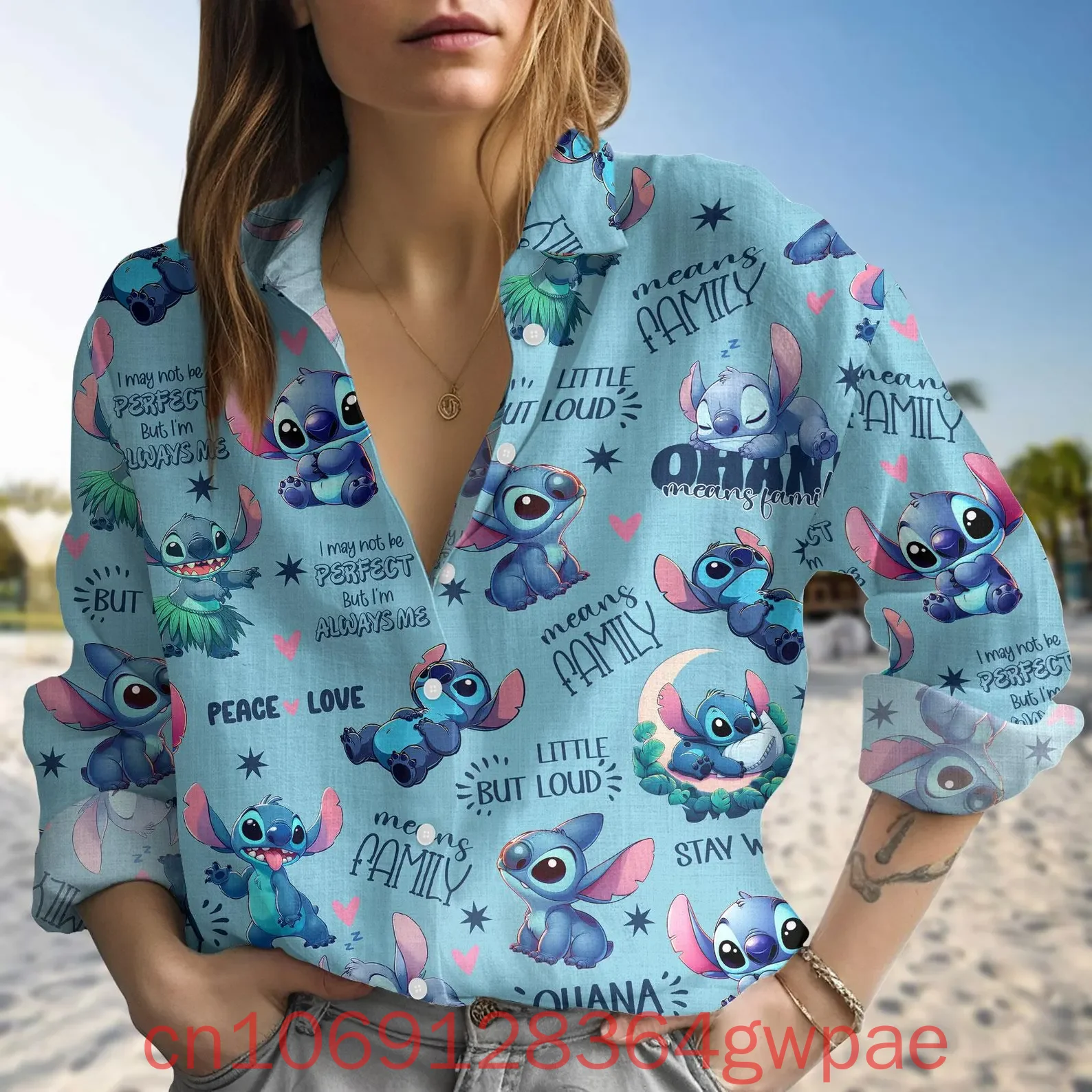 Disney stitch lilo blusas femininas camisa casual botão até camisa de manga longa verão elegante e elegante camisas femininas topos