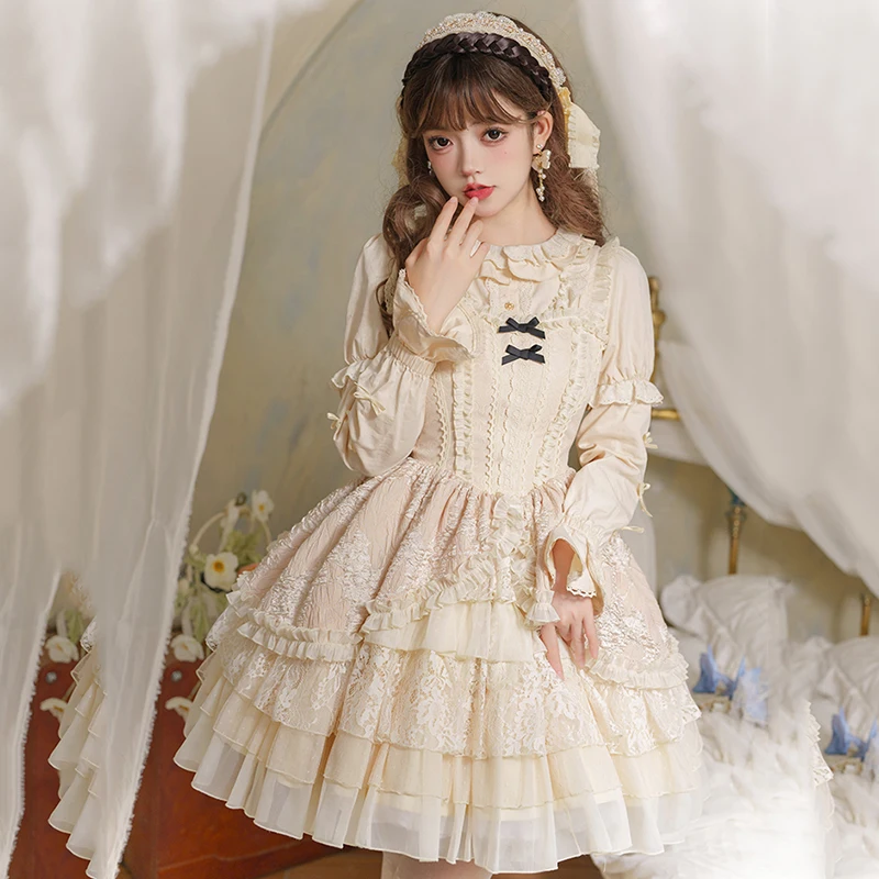 

Elegant Graceful Daily Lolita Mini Dress for Women Sweet Cute Bow Princess Ball Golden Dress Kawaii Multi-Layer Cake White Dress
