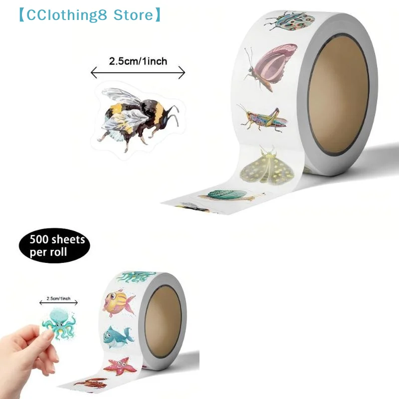 500Pcs/Roll Cartoon Animal Stickers Ocean Marine Bug Self Adhesive Waterproof Decals DIY Scrapbook Craft Phone Decor