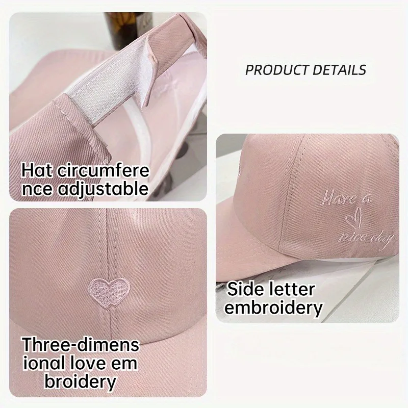 1 nicho em forma de coração bordado design, rabo de cavalo alto meados de ar chapéu superior, chapéu de beisebol feminino verão sol sombreamento, shoppi versátil
