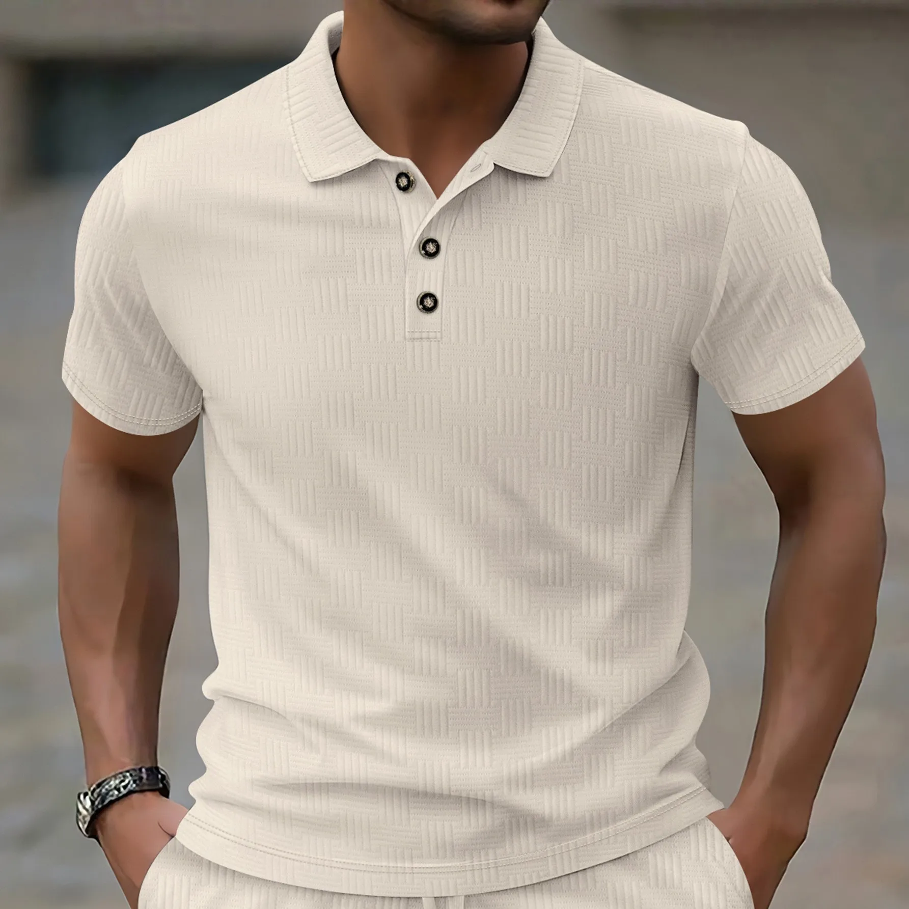

2025 Summer New European and American Casual Men's Solid Color Jacquard Collar Button Short Sleeve Polo Shirt