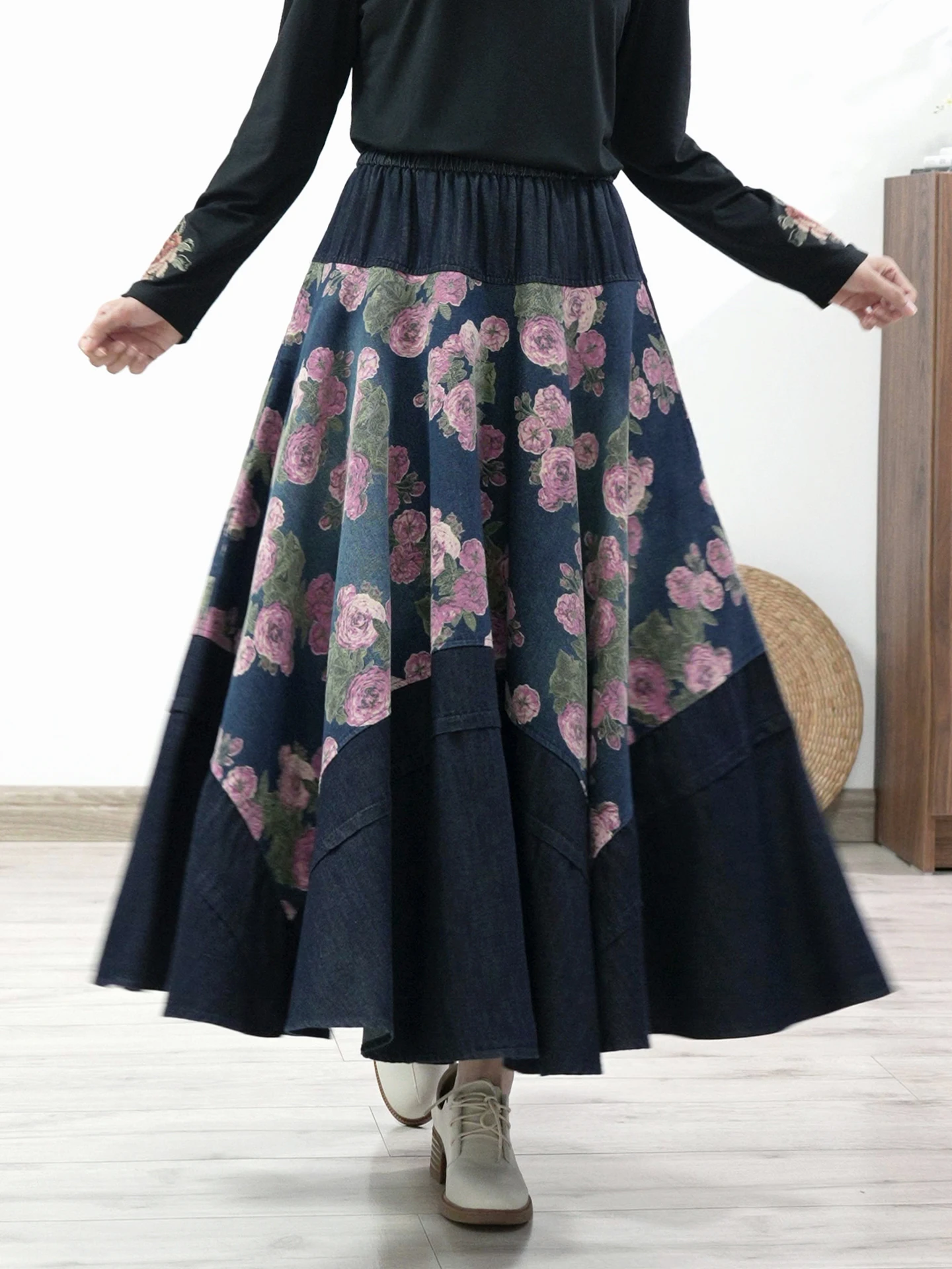 TIYIHAILEY Lange Maxi Frauen Elastische Hohe Taille Winter Herbst Denim Rock Dame Gedruckt A-Line Patchwork Schwarz Dicke Jeans 2025