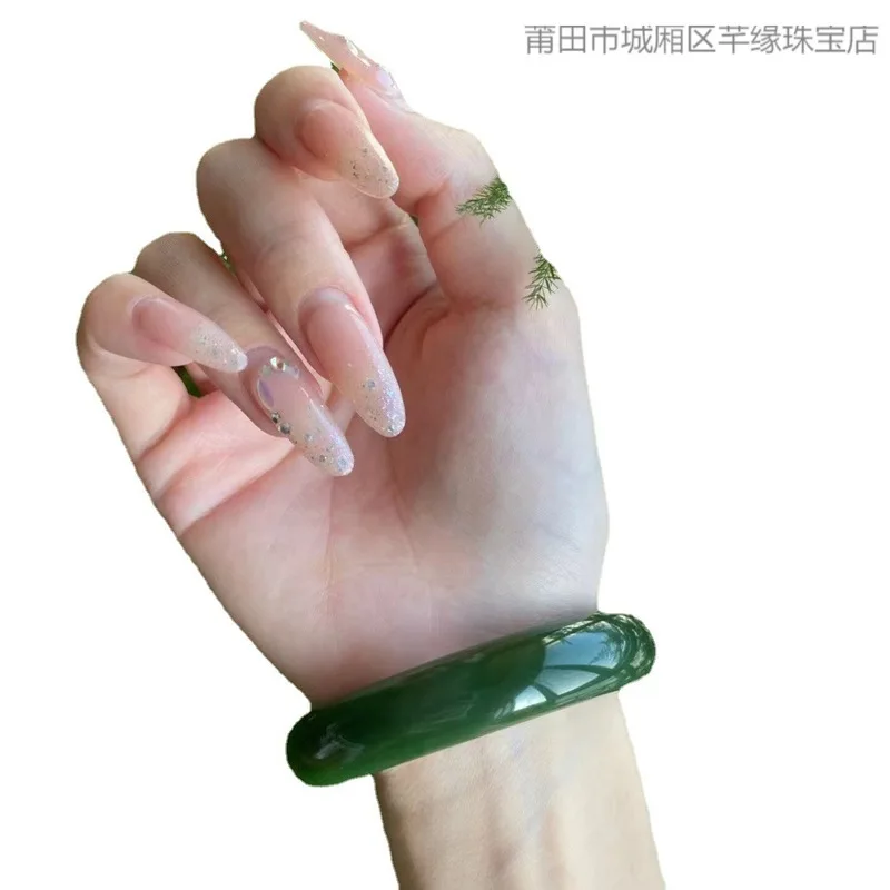 Hetian jade bracelet, flat and wide, with a spinach-green jadeite color and an icy texture, a genuine jade bracelet