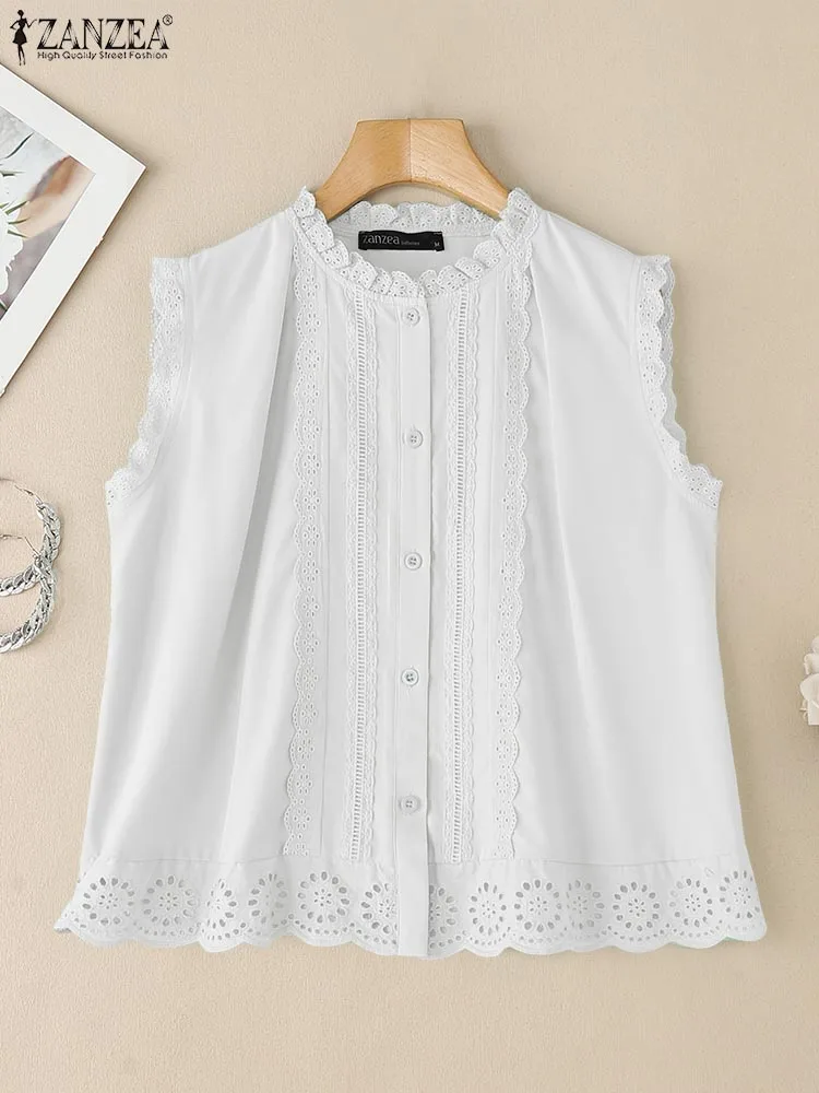 Mode Vakantie Tanks Tops 2025 ZANZEA Zomer Camis Vrouwen Mouwloze Kant Gehaakte Blouse Casual Solid Losse Strand Shirt Oversize