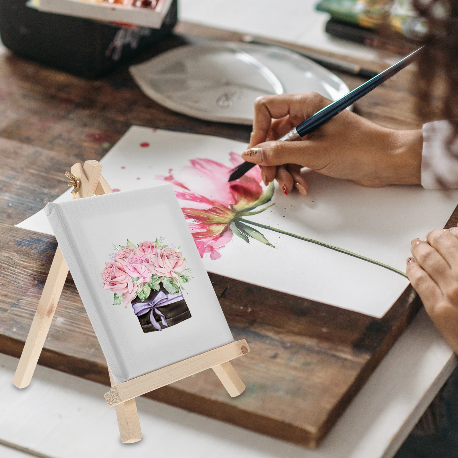 

2PCS Mini Canvas Mini Sketching Easel Lightweight Wooden Painting Canvas Tripod Drawing Accessories H Decor