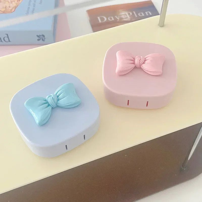 Girl Cute Bow Contact Lens Box with Mirror Women Mini Portable Eyes Contact Lens Container Box Contact Lens Cases Travel Kit