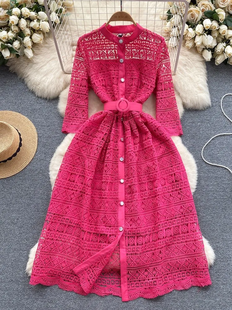 

Fashion Summer New Long Lace Vintage Party Dress Women Elegant Hollow Out Belt Dress Female Holiday Casual Dresses Lady Vestidos