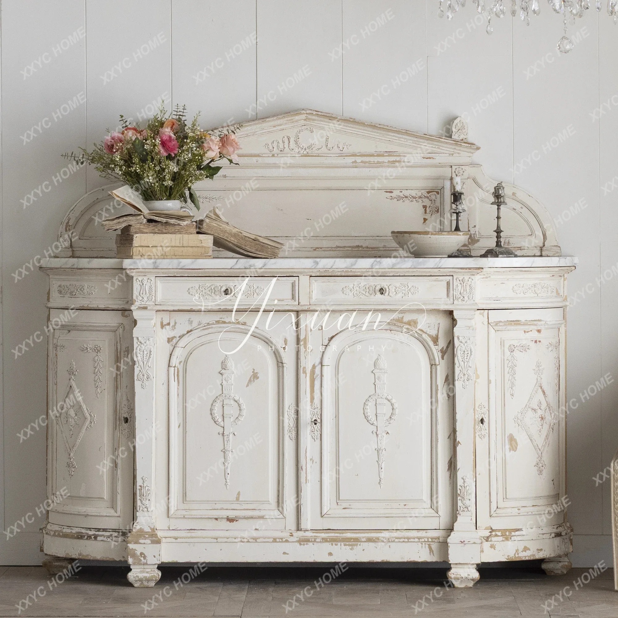 

retro solid wood old carved dining side cabinet marble countertop living room decorative cabinet FT