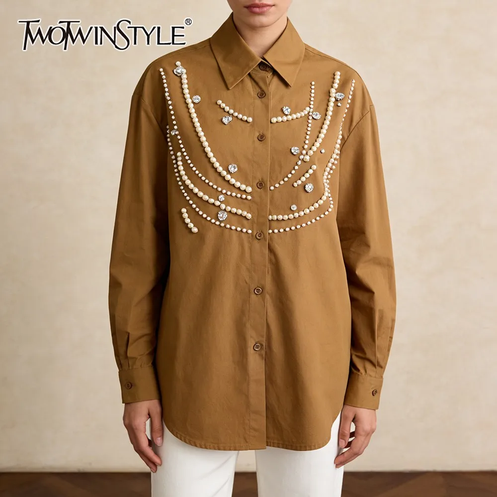 

TWOTWINSTYLE однотонная шикарная рубашка с бисером, женская свободная рубашка с лацканами и длинными рукавами, минималистичные роскошные женские рубашки, осенняя мода, новинка