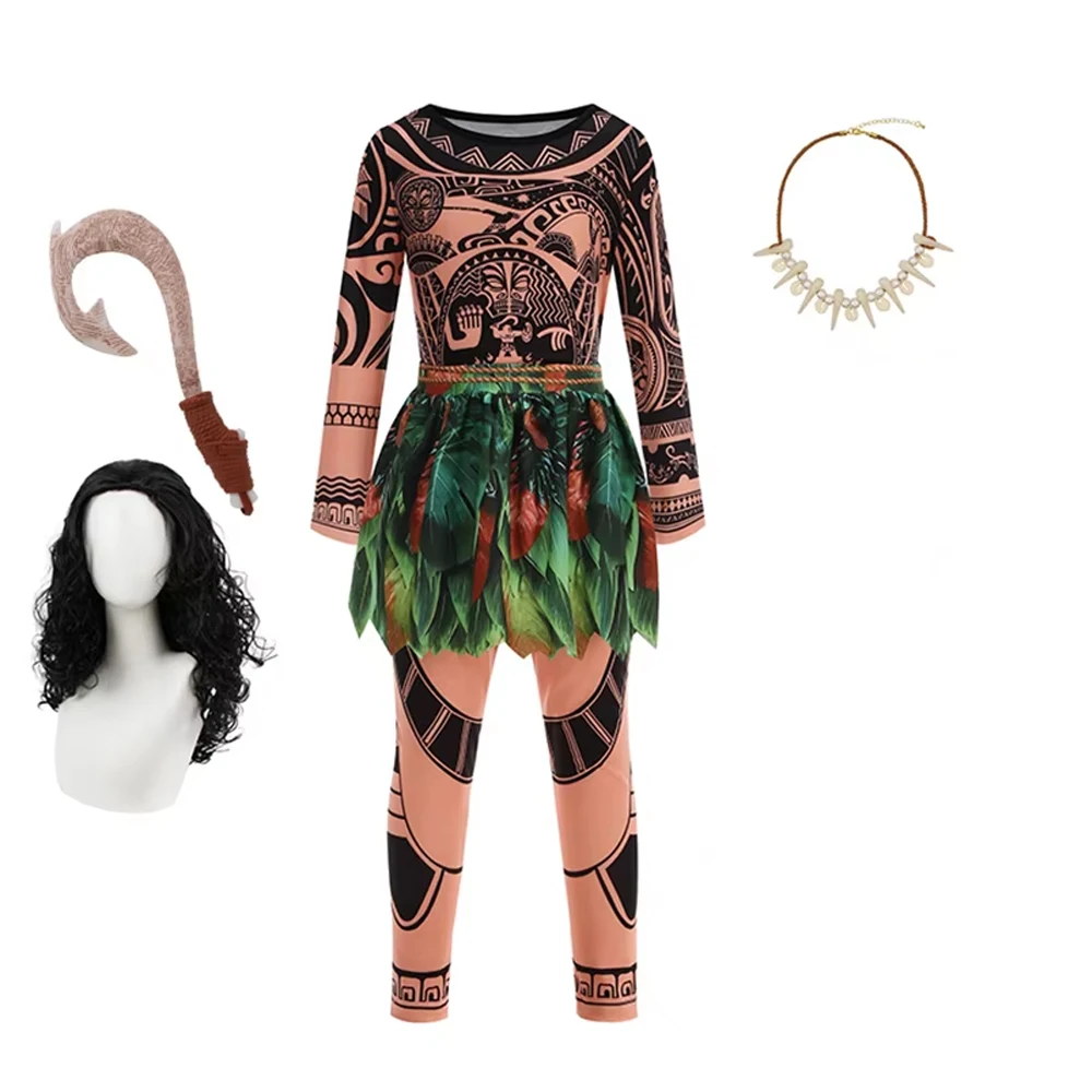 Maui Kids Costume Moana Tattoo Jumpsuit Leaf Clothes with Fish Hook Wig Necklace Boys Halloween Cosplay Outfit