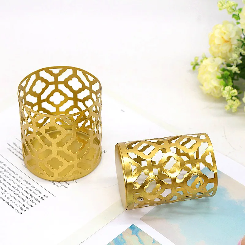 Nordic Gold Colored Cylinder Candle Holder Geometric Hollowed Out Iron Candlestick Creative Fragrance Candle Cup Home Decoration