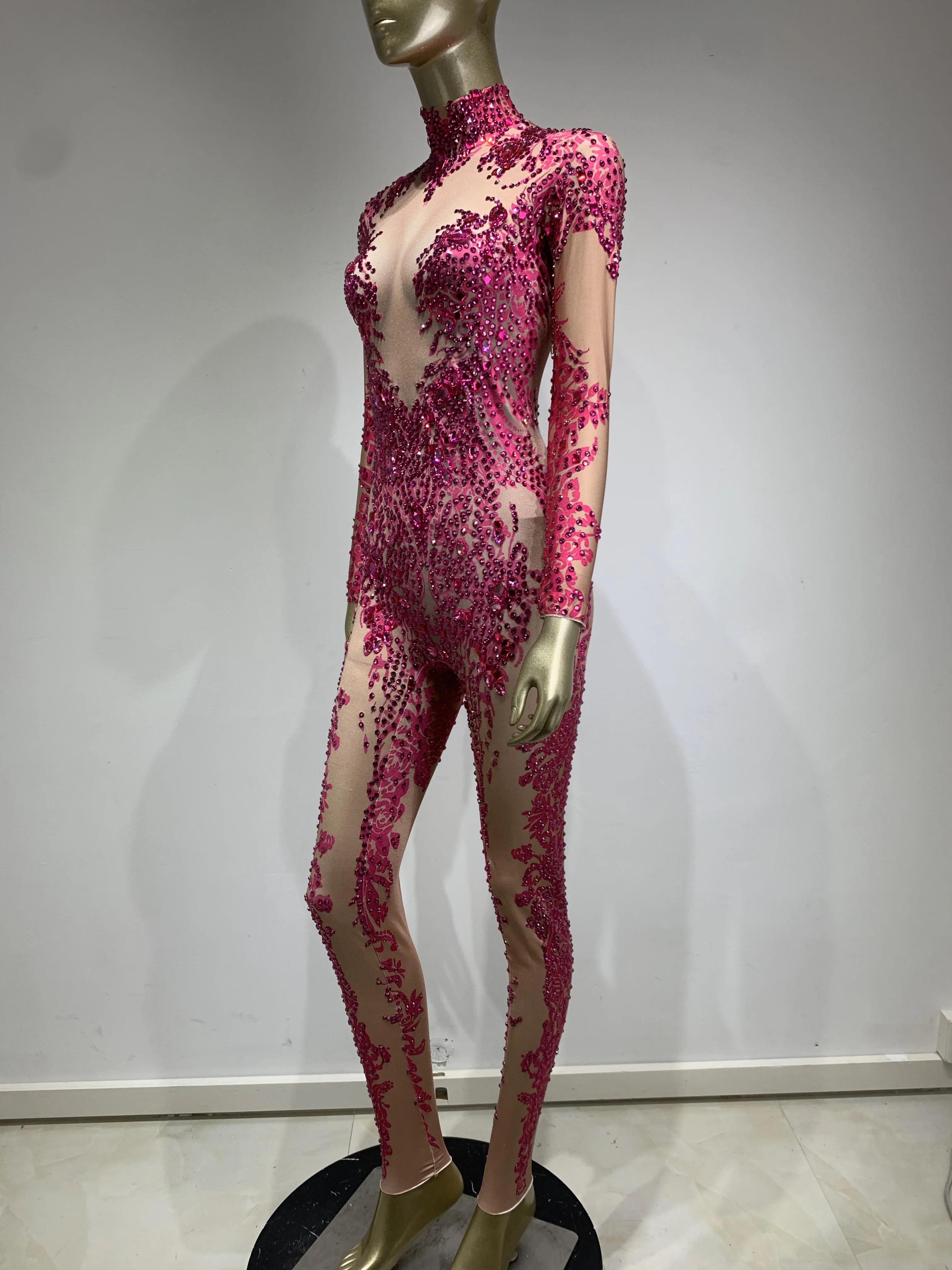 Women Sexy Sparkly Crystal Diamond Long Sleeve Stretch Jumpsuit Nightclub Outfit Singer Dancer Performance Party Stage Costume